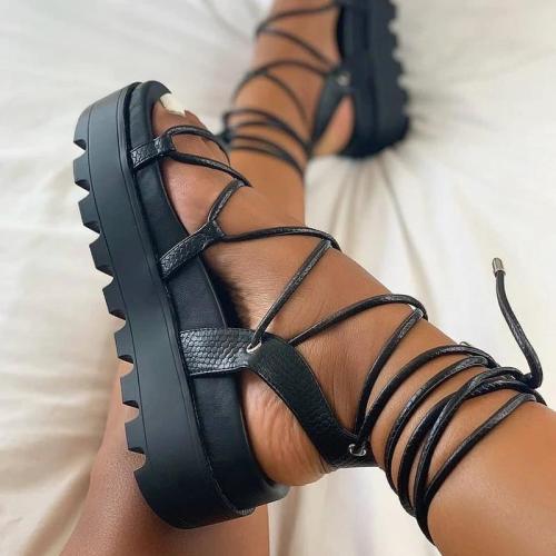 Open Toe Lace-Up Strappy Plain High Shaft Sandals