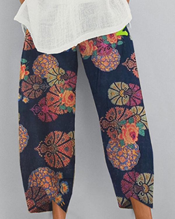 Cotton And Linen Printed Elastic Cropped Pants