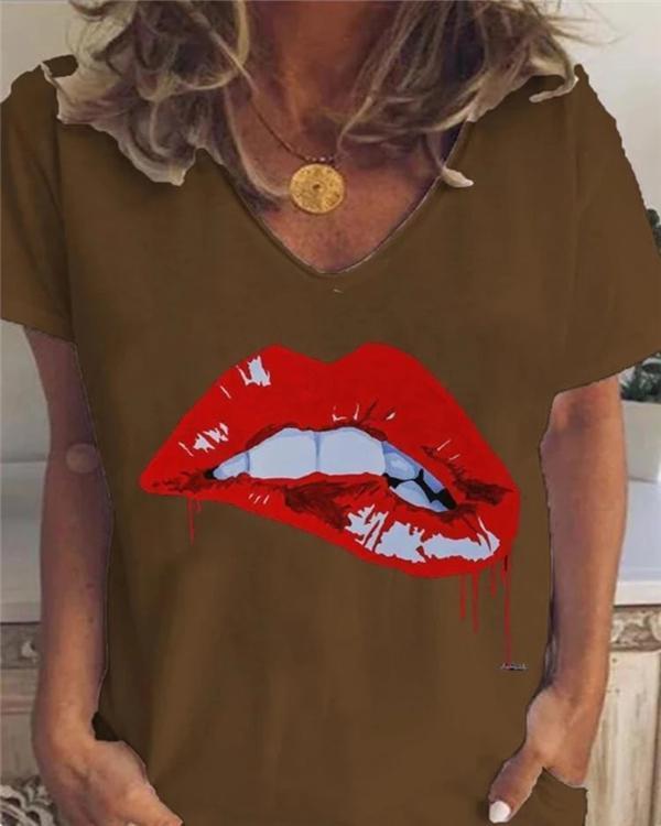 V-neck Lip Print Loose T-shirt