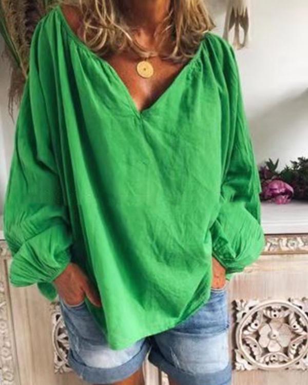 Solid Color V-neck Long-sleeved Wild Casual Shirt