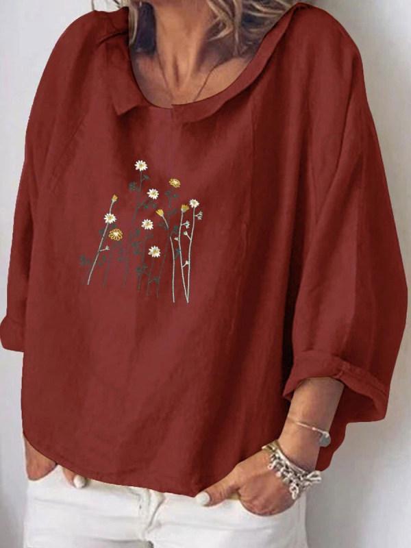 Fashion Lapel Flower Printed Long-sleeved Shirt