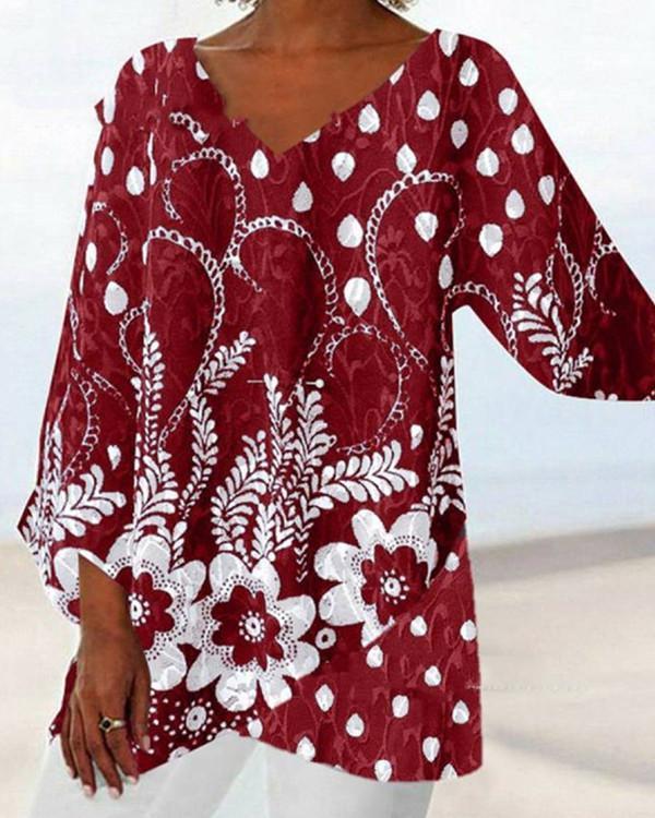 Plus Size Loose Solid Color Printed V Neck Blouse