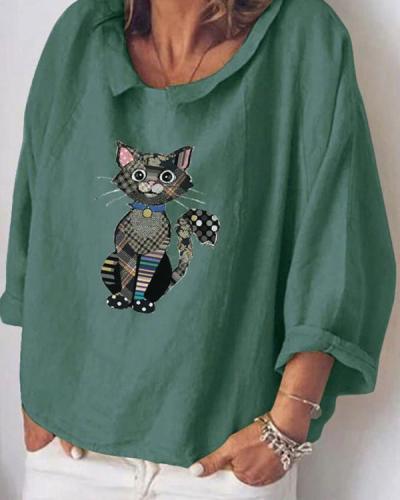 Fashion Cat Print Long Sleeve Shirt