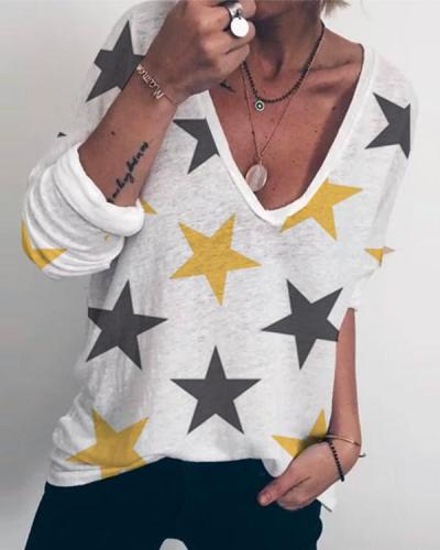 White Star Printed Casual V Neck Shirts & Tops