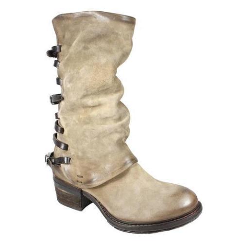 Vintage Zipper Low Heel Boots Back Straps Faux Leather Mid-calf Boots