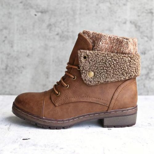 Fashion Handmade Leather Knit Cuff Ankle Boots