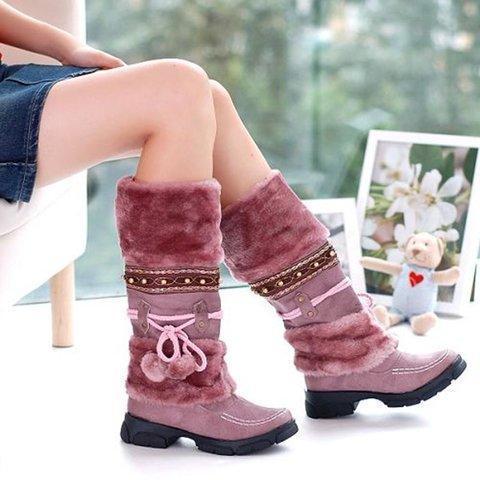 Furry Mid-Calf Women Suede Ski Boots