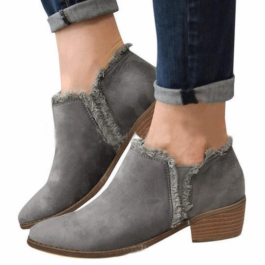 Plain Chunky Mid Heeled Velvet Round Toe Casual Date Ankle Boots