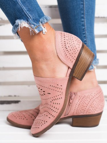 Hollow-out Low Heel Cutout Booties Faux Suede Zipper Ankle Boots