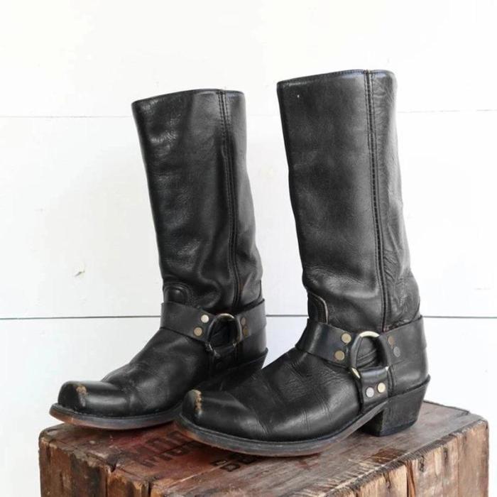 Vintage Slip-on Mid-Calf Chunky Heel Square Toe Cowboy Boots