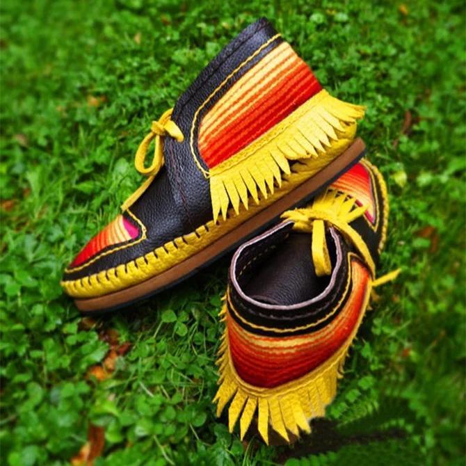 Black-Yellow Seaside Artificial Leather Flat Heel Tassel Boots
