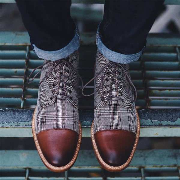 retro genuine leather plaid lace up shoes