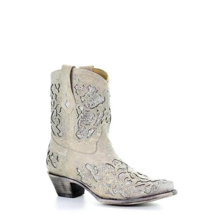 White Glitter Inlay & Crystals Ankle Cowgirl Boots