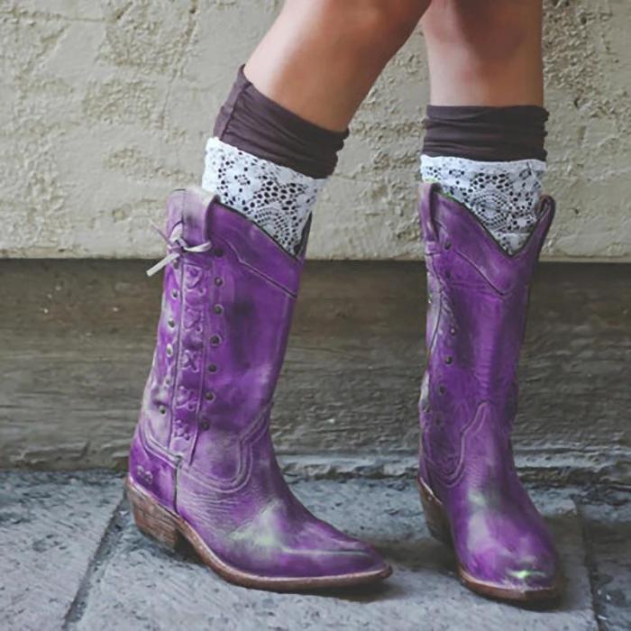 Women Zipper Pointed Toe Vintage Cowboy Boots