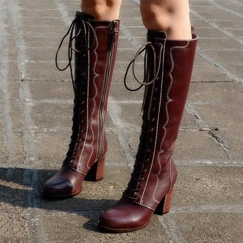 Chunky Heel Lace-Up Faux Leather Cowgirl Boots