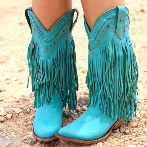 Plus Size Tassel Vintage Leather Chunky Heel Cowboy Boots