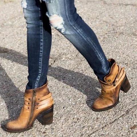 Vintage Buckle Ankle Boots Chunky Heel Zipper Boots