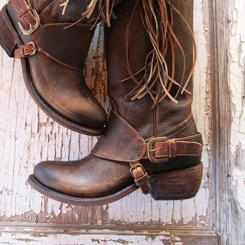 Women Vintage Tassel Knot Knee High Boots Chunky Heel Boots