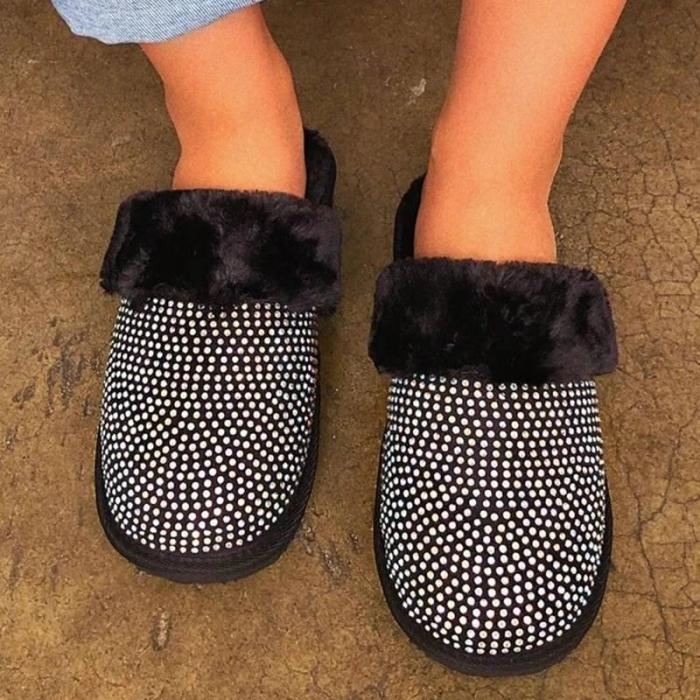 Women Cozy Fur Bling Rhinestones Slip On Indoor shoes Slippers