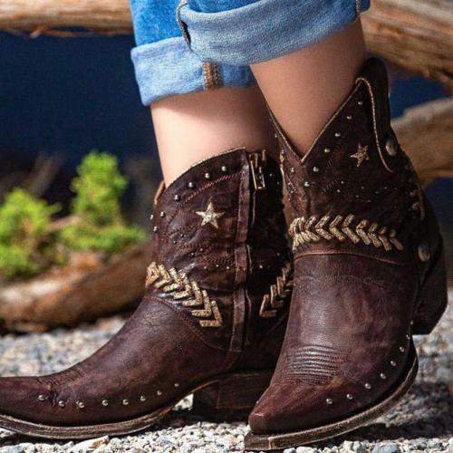 Women star embroidered ankl;e boots cowgirl boots
