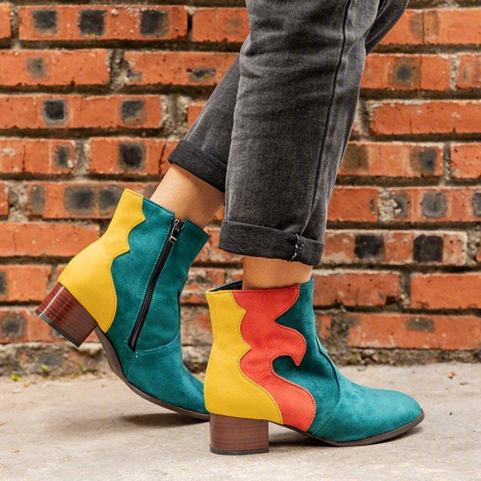 Women’s Retro Color Block Low-Heel Comfortable Large Size Short Boots