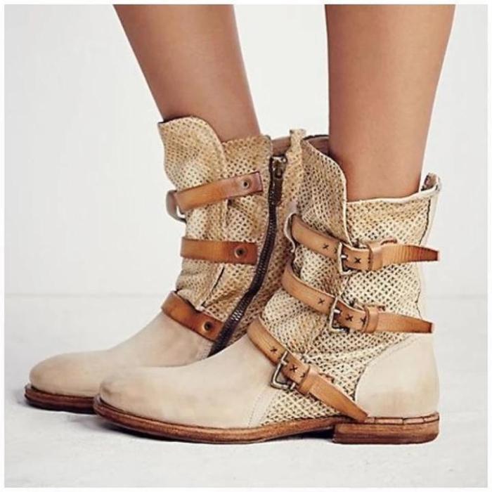 Women Casual Flat Heel  Buckle Boots