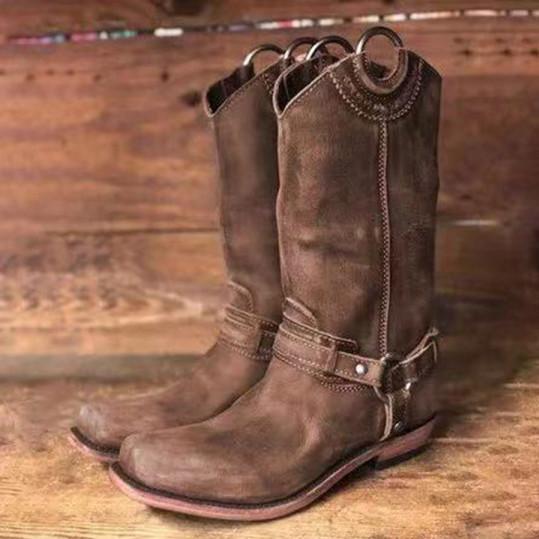 plain flat round toe casual outdoor mid calf flat boots
