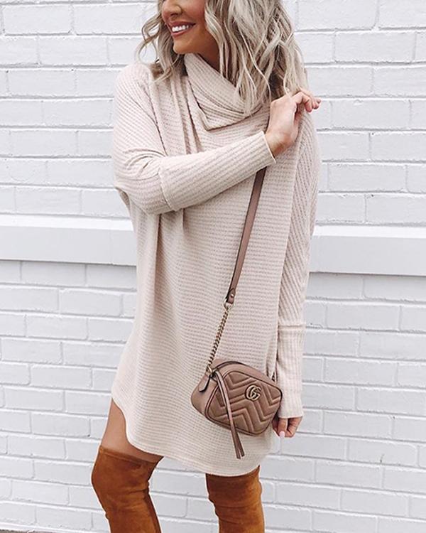Womens Long Sleeve Casual Knitted High Collar Sweater Dress