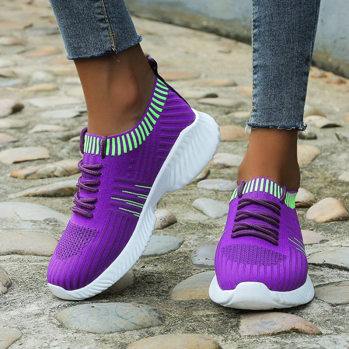 Women Flyknit Fabric Mixed Colors Lace Up Sneakers