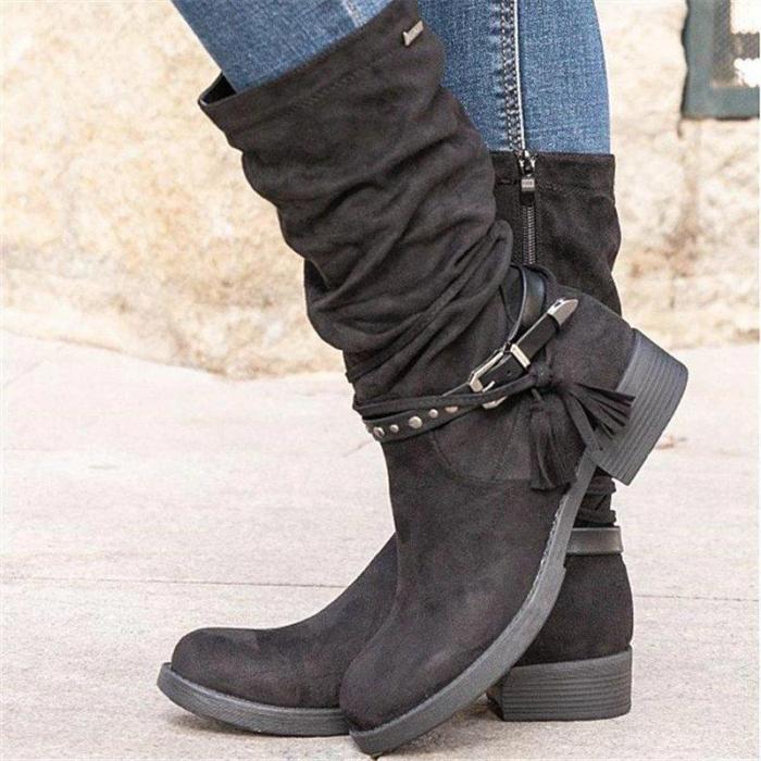 Women Simple Elegant Tassel Zipper Mid-calf Boots
