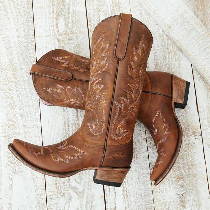 Artificial Leather Embroidery Winter Block Heel Boots