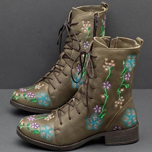 Women Retro Flowers Embroidered Leather Strappy Zipper Block Heel Mid Calf Boots
