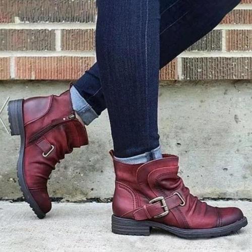 Women‘s Retro Casual Soft Leather Pleated Zipper Belt Buckle Low Heel Ankle Boots
