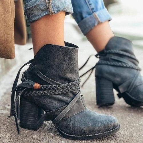 Women Trendy Tassel Braided Strap Irregular Design Slip On Chunky Heel Boots