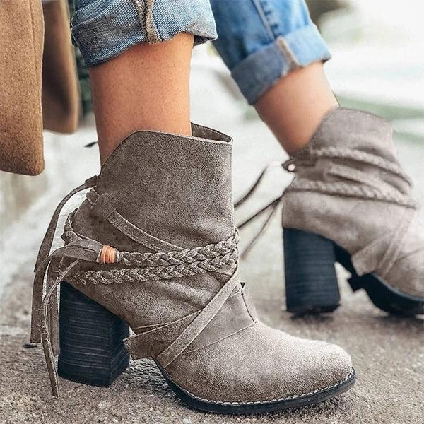 Women Trendy Tassel Braided Strap Irregular Design Slip On Chunky Heel Boots