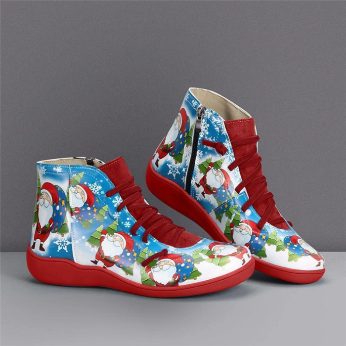 >>Christmas Gift | Print Flat Heel Lace Up Short Boots