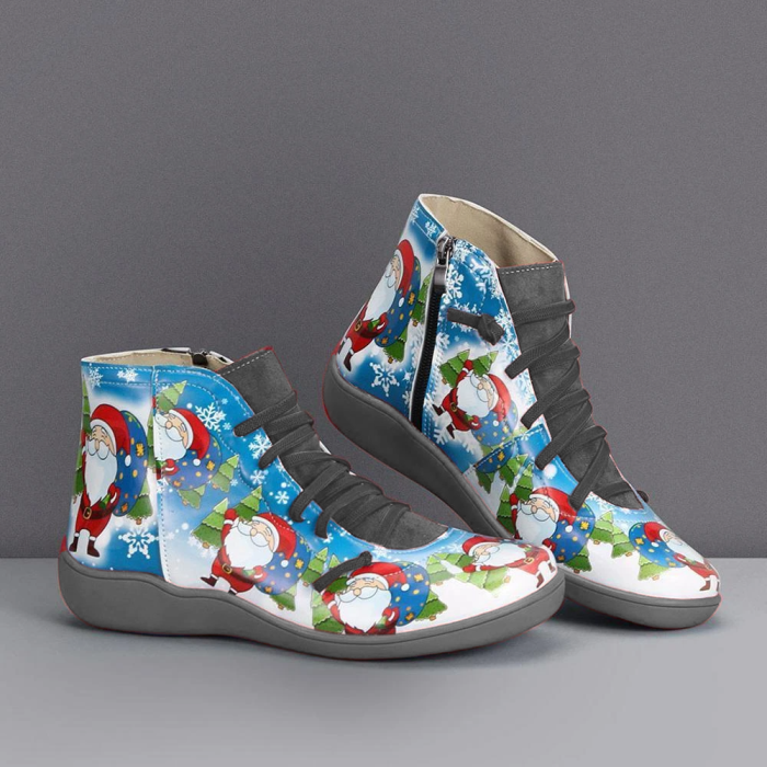 >>Christmas Gift | Print Flat Heel Lace Up Short Boots