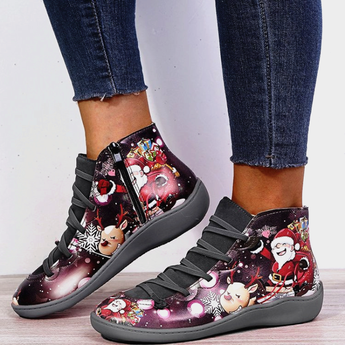 >>Christmas Gift |  Santa Claus Print Lace Up Flat Heel Boots