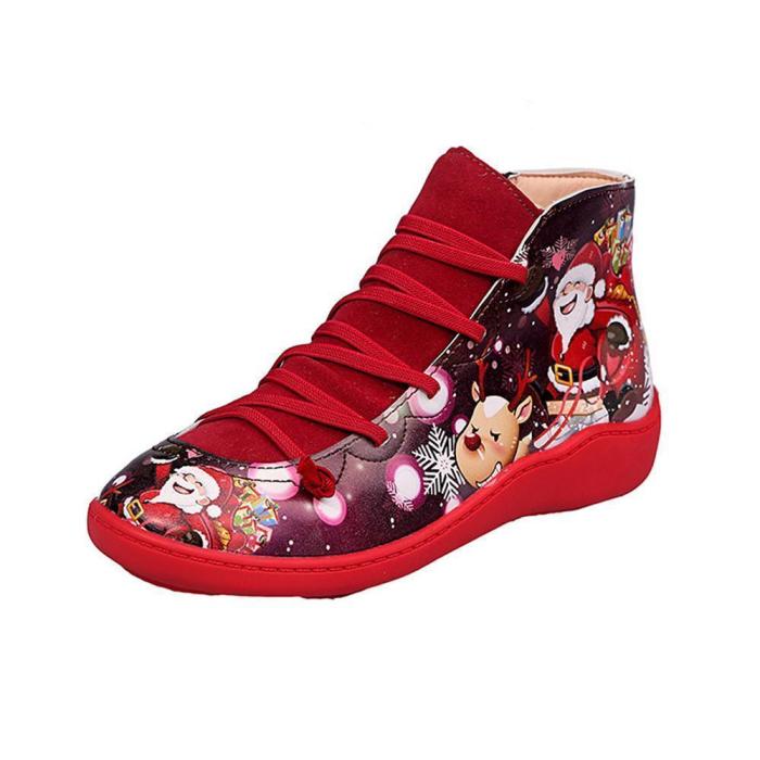 >>Christmas Gift |  Santa Claus Print Lace Up Flat Heel Boots