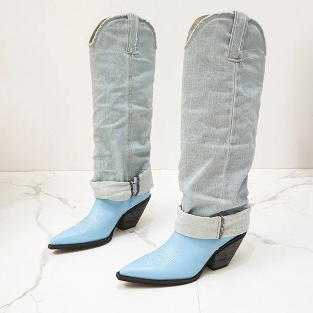 Pointed Thick Heel Denim Medium Sleeve Korean Skinny Boots