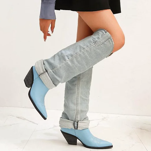 Pointed Thick Heel Denim Medium Sleeve Korean Skinny Boots