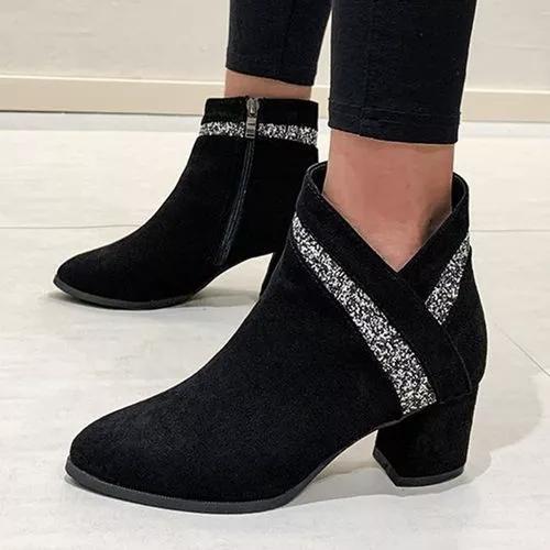 Women's Sequin Ankle Boots Closed Toe Pointed Toe Cloth Chunky Heel Boots