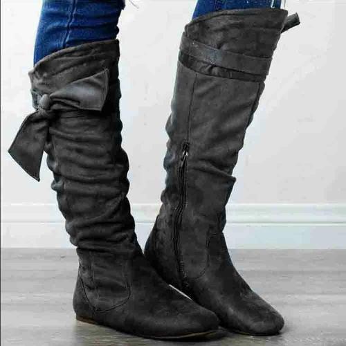 Large Size Women Comfy Suede Lace Up Zipper Knee Length Flat Boots