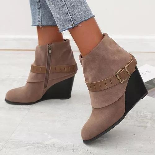 Women's Buckle Zipper Ankle Boots Closed Toe Wedge Heel Boots