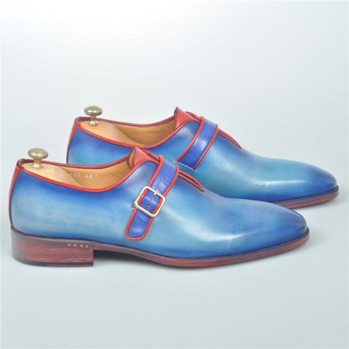 Handmade Luxury Blue Monkstrap With Red Trim Mens Leather Shoes