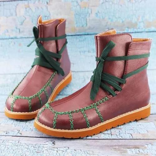 Women's Lace-up Ankle Boots Round Toe Flat Heel Boots