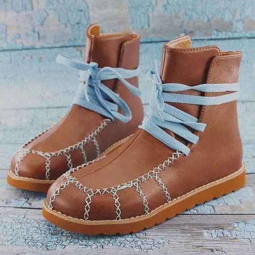 Women's Lace-up Ankle Boots Round Toe Flat Heel Boots