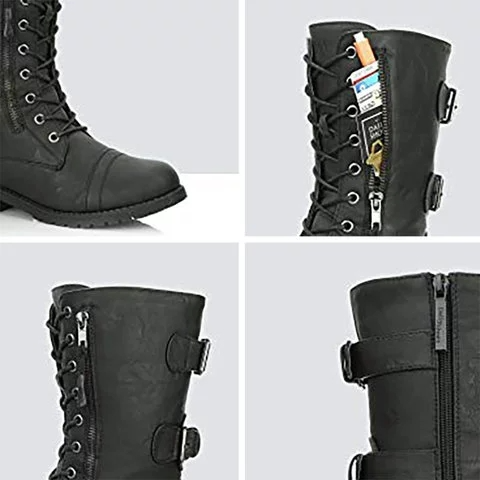 Women Lace up Mid Calf Hide Credit Card Knife Money Wallet Pocket Boots