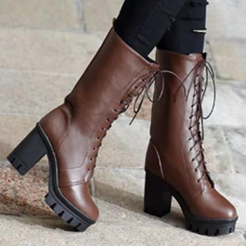 mid calf low heel leather boots