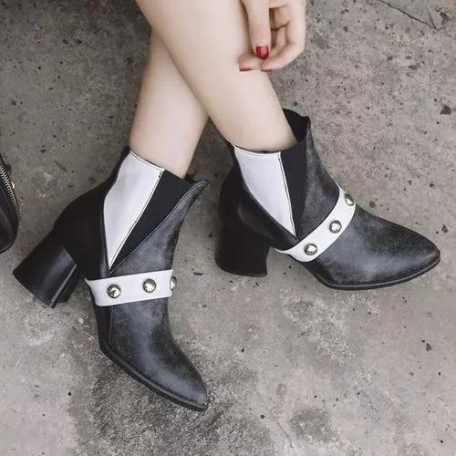 Women's Beading Ankle Boots Pointed Toe Heels Leatherette Chunky Heel Boots